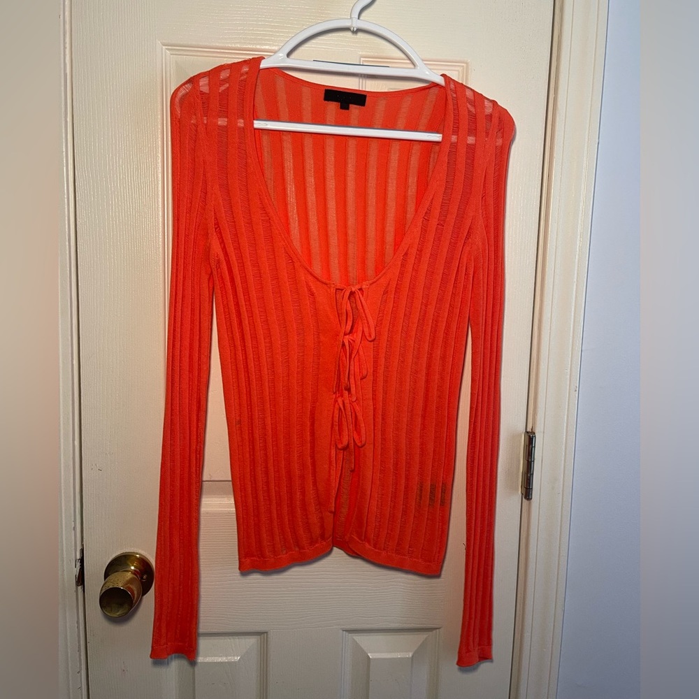 Sheer Rib Cardigan with ties in Tangerine